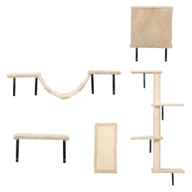 5 Pieces Of Multi-storey Wall-mounted Indoor Cat Tree Furniture With Scratch Board (Color: Beige)